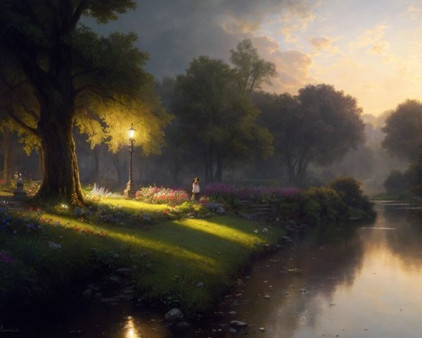 Tranquil sunrise park scene with lush trees, flowers, person by lamppost, and calm