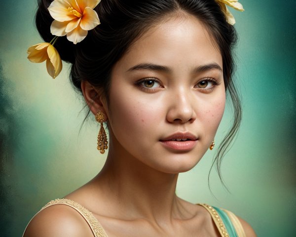 Young Woman with Yellow Flowers and Elegant Attire