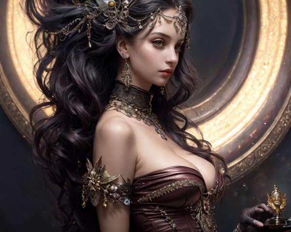 Elaborately adorned woman with ornate headdress in front of golden circle