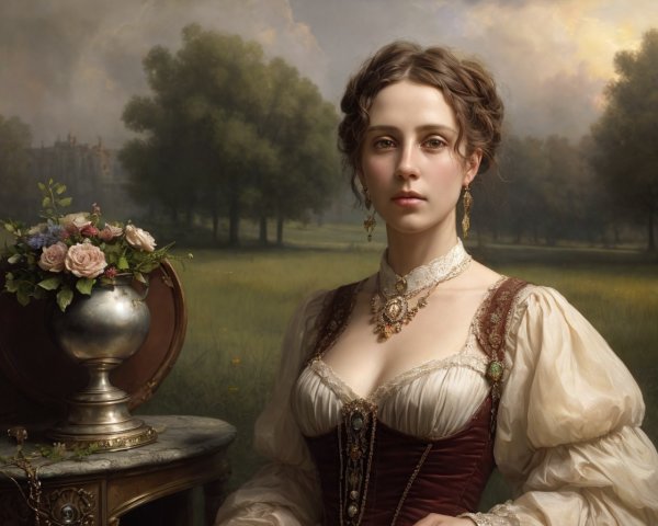 Portrait of woman in historical dress with flowers, creating romantic ambiance