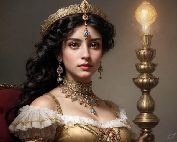 Regal woman with dark curly hair wearing golden crown and jewelry holding a lit candelabra.