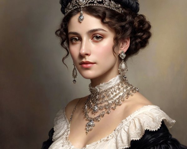 Portrait of woman in diamond jewelry and lace dress