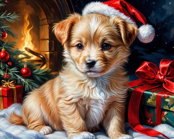Light Brown Puppy in Santa Hat by Festive Fireplace