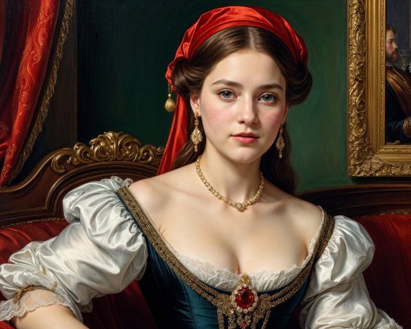 Young Woman in Elegant Dress with Red Headscarf