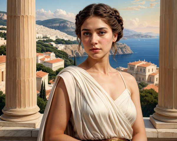 Elegant young woman in cream gown with scenic backdrop