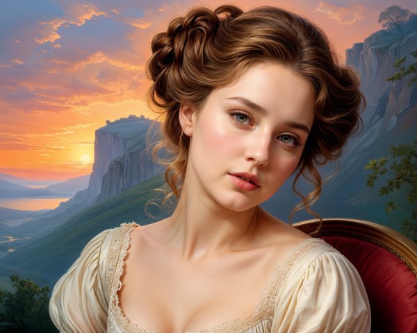 Young woman in vintage dress with serene landscape backdrop