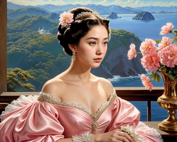 Elegant woman in pink gown by window with landscape