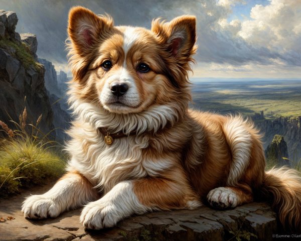 Fluffy Orange and White Dog on Rocky Outcrop