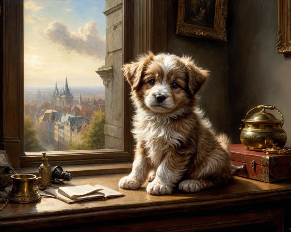 Fluffy Puppy on Table with Vintage Items and Landscape