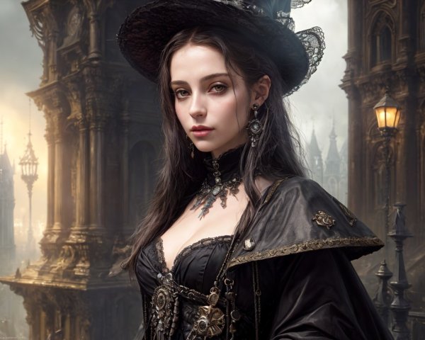 Victorian gothic woman in wide-brimmed hat at ornate, foggy building