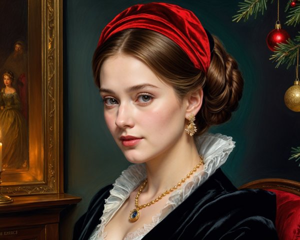 Elegant Young Woman in Velvet Dress with Jewelry