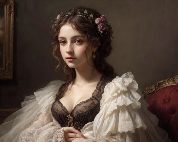 Vintage white dress portrait of young woman with floral headpiece
