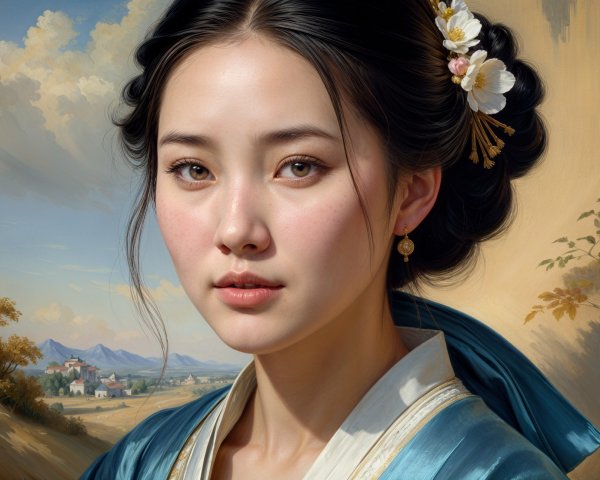 Young Woman in Traditional Blue Garment in Landscape