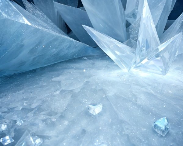 Translucent Blue Crystals on Reflective Ice Surface