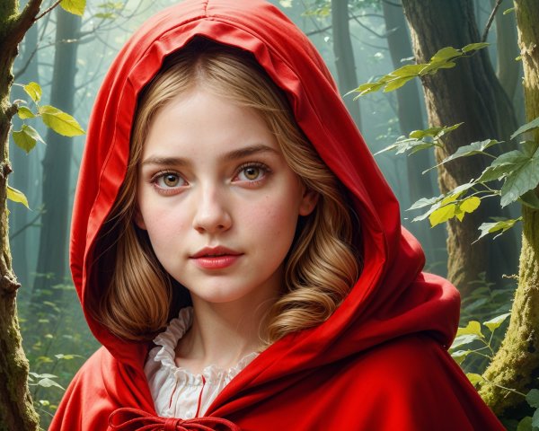 Young girl in red cloak in a lush forest setting