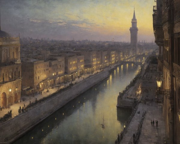 Historic cityscape at dusk with river, classical architecture, and prominent tower.