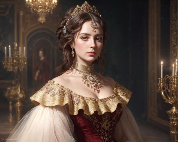 Elegant woman in royal attire in opulent room