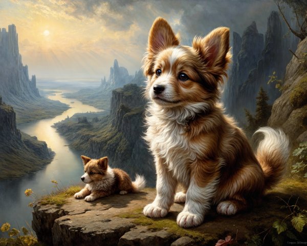 Corgi Puppies on Rocky Ledge by Winding River