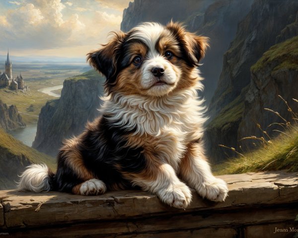 Small Fluffy Dog on Wooden Ledge with Scenic Landscape