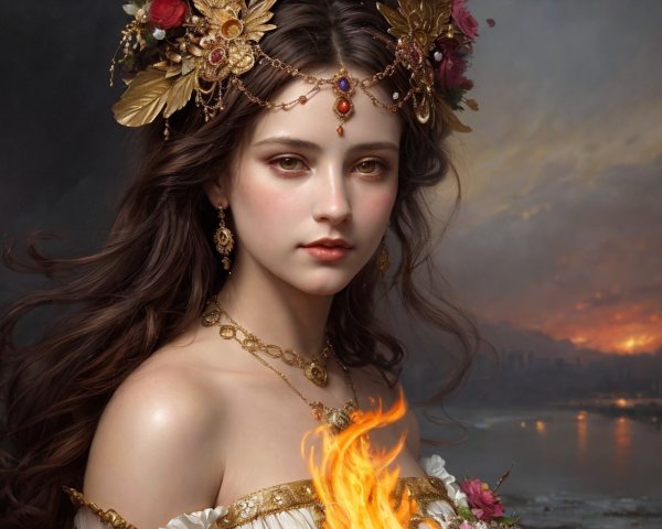 Young woman with dark hair and golden floral adornments