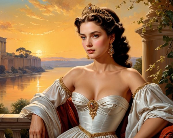 Regal woman in elegant white gown with sunset backdrop