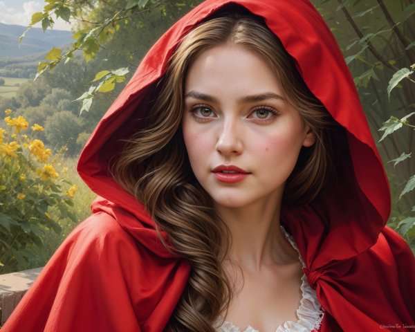 Young woman in red cloak amid blooming flowers