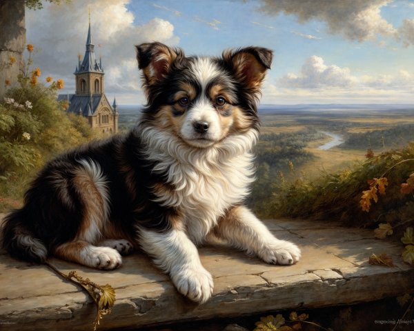 Tri-Colored Puppy on Wooden Ledge with Scenic Background