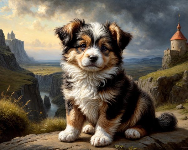 Fluffy Tri-Color Puppy on Rocky Surface with Landscape