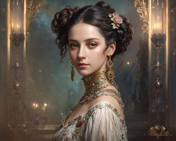 Elegant woman in ornate golden gown with chandeliers