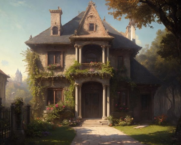 Old-fashioned stone house with steep roof and balcony