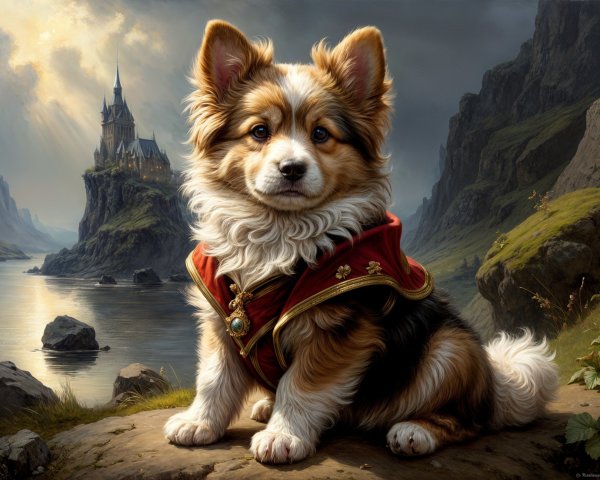 Regal Corgi in Cape Against Scenic Landscape