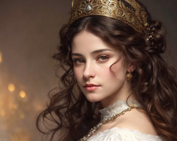 Young woman with golden crown and elegant attire