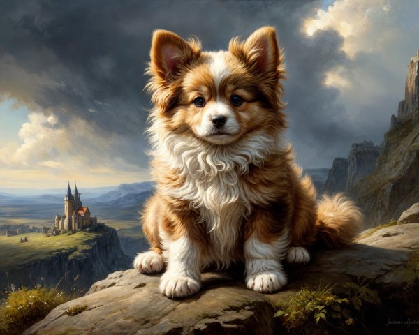 Fluffy Golden-Brown Puppy on Rocky Ledge with Castle