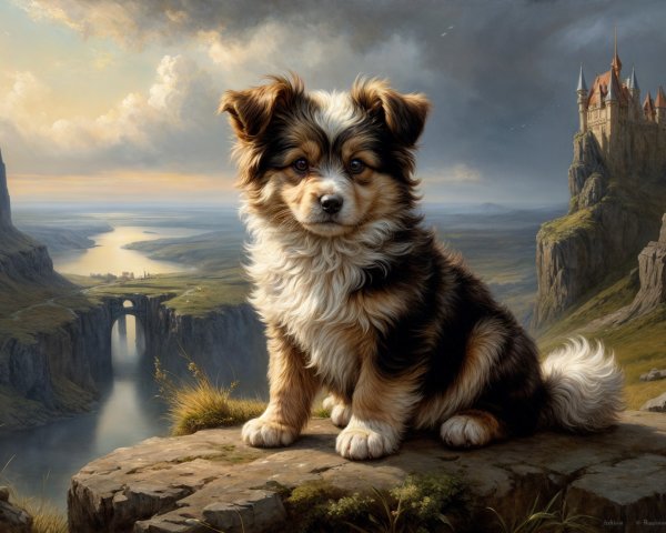 Fluffy Dog Overlooking Scenic Landscape with Castle