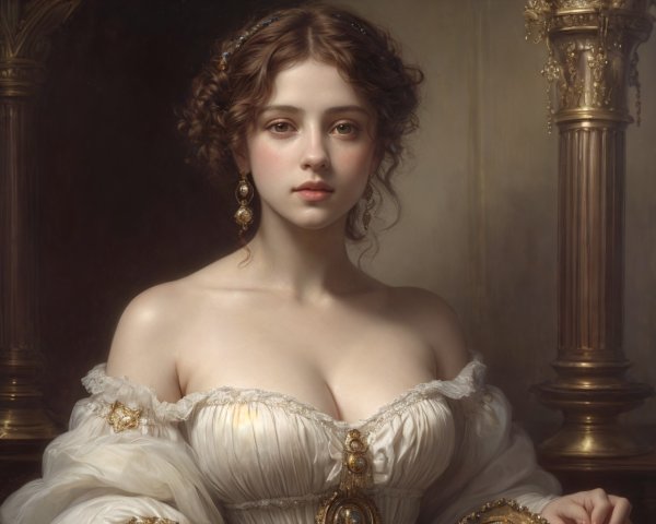 Portrait of young woman in white off-shoulder dress with golden details