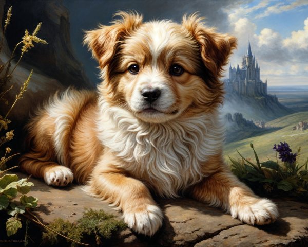 Fluffy Puppy on Rocky Ledge with Castle Background