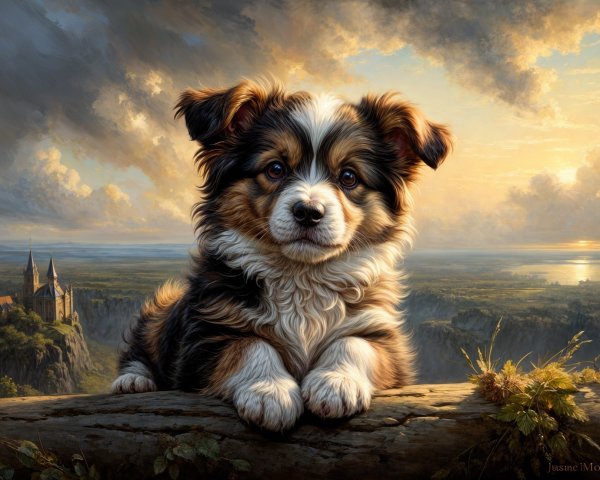 Cute puppy resting on a log in a scenic landscape