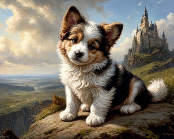 Fluffy Puppy on Grassy Hill with Castle Background