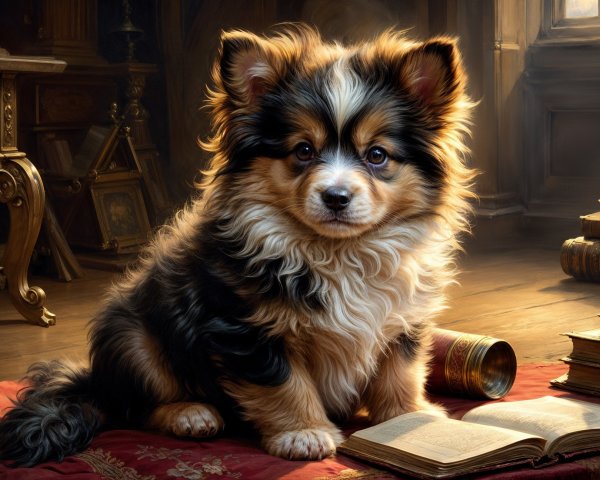 Fluffy puppy on red carpet with vintage decor and book