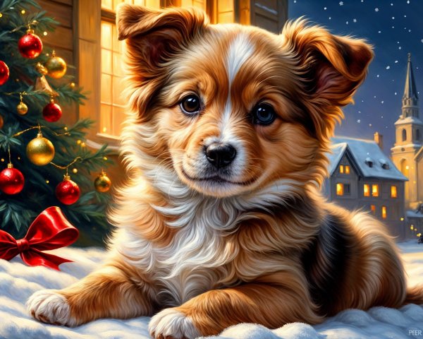 Small puppy in snowy landscape with holiday lights
