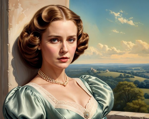 Vintage Woman in Blue Gown Against Serene Landscape