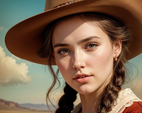Young woman in vintage outfit against scenic mountains