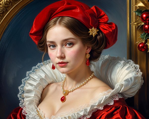 Portrait of a Woman in Opulent Red Dress and Jewelry