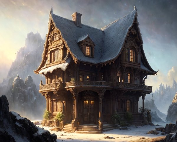 Ornate Wooden House in Snowy Mountain Landscape