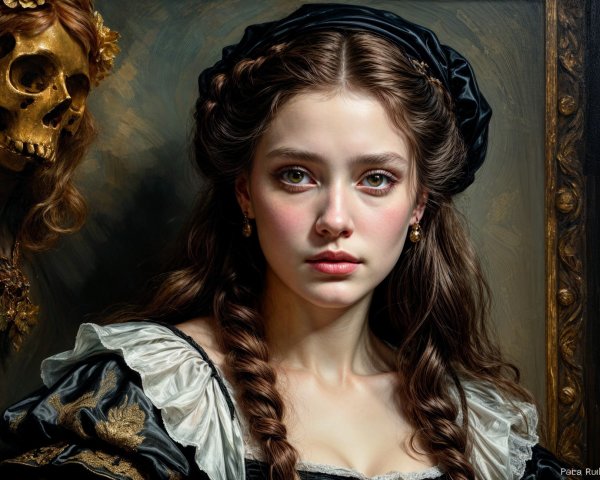 Portrait of a Young Woman in Historical Dress and Skull