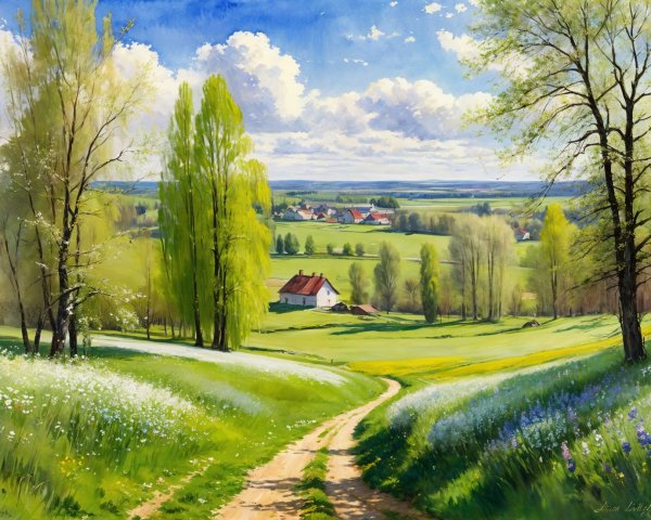 Serene Landscape with Winding Path and Village View