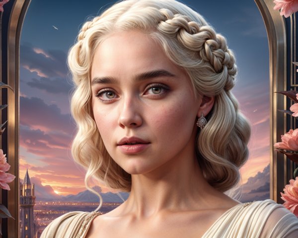 Young Woman in Elegant Gown Against Sunset Background