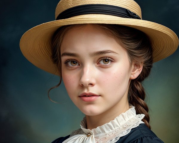 Young girl in straw hat with vintage blouse and lace collar
