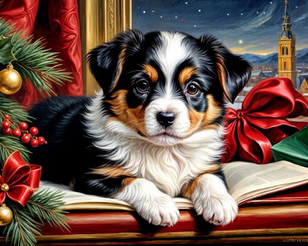 Tri-Color Puppy on Book in Festive Night Scene