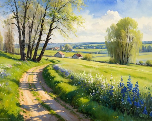 Serene Countryside with Path, Fields, and Cottages